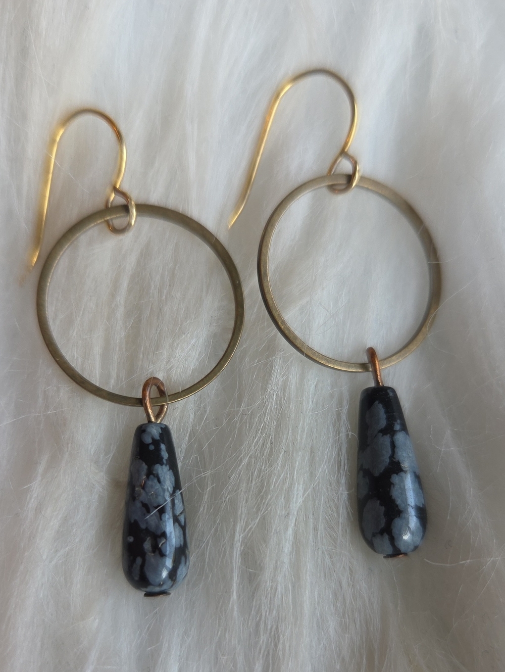 Gold Tone Hoop Earrings with Black & Gray Snowflake Stone Drops